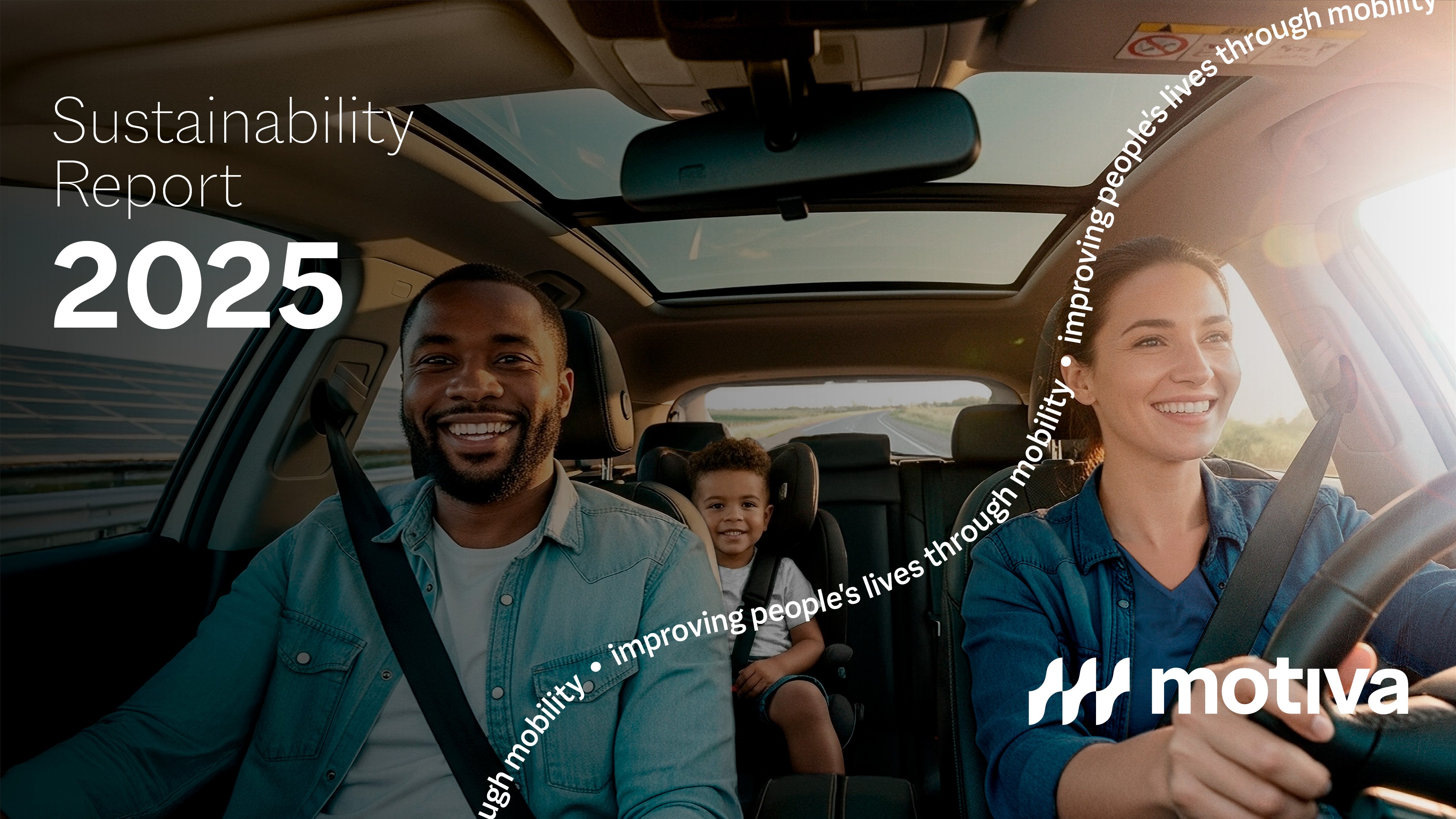 Family traveling inside a modern car, with a driver, passenger beside and a child in a car seat in the back.